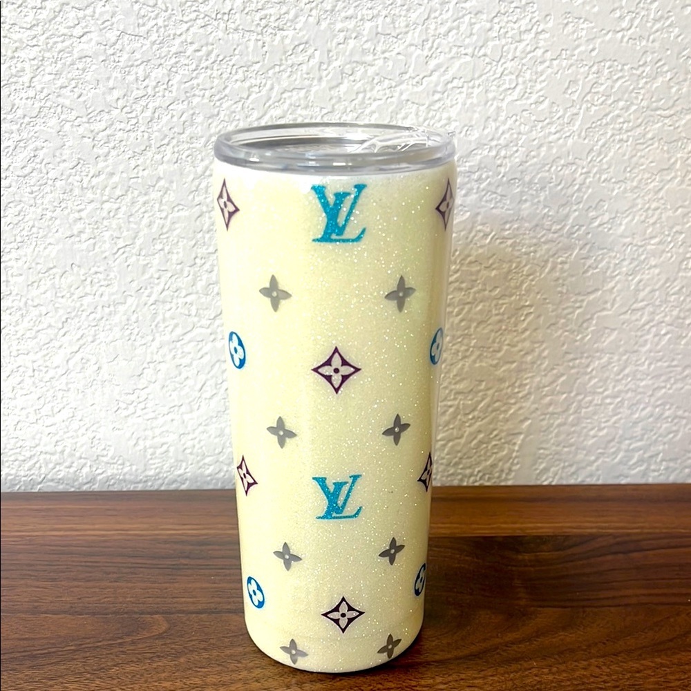 Louis Vuitton Inspired Design Tumbler Blue Sparkles